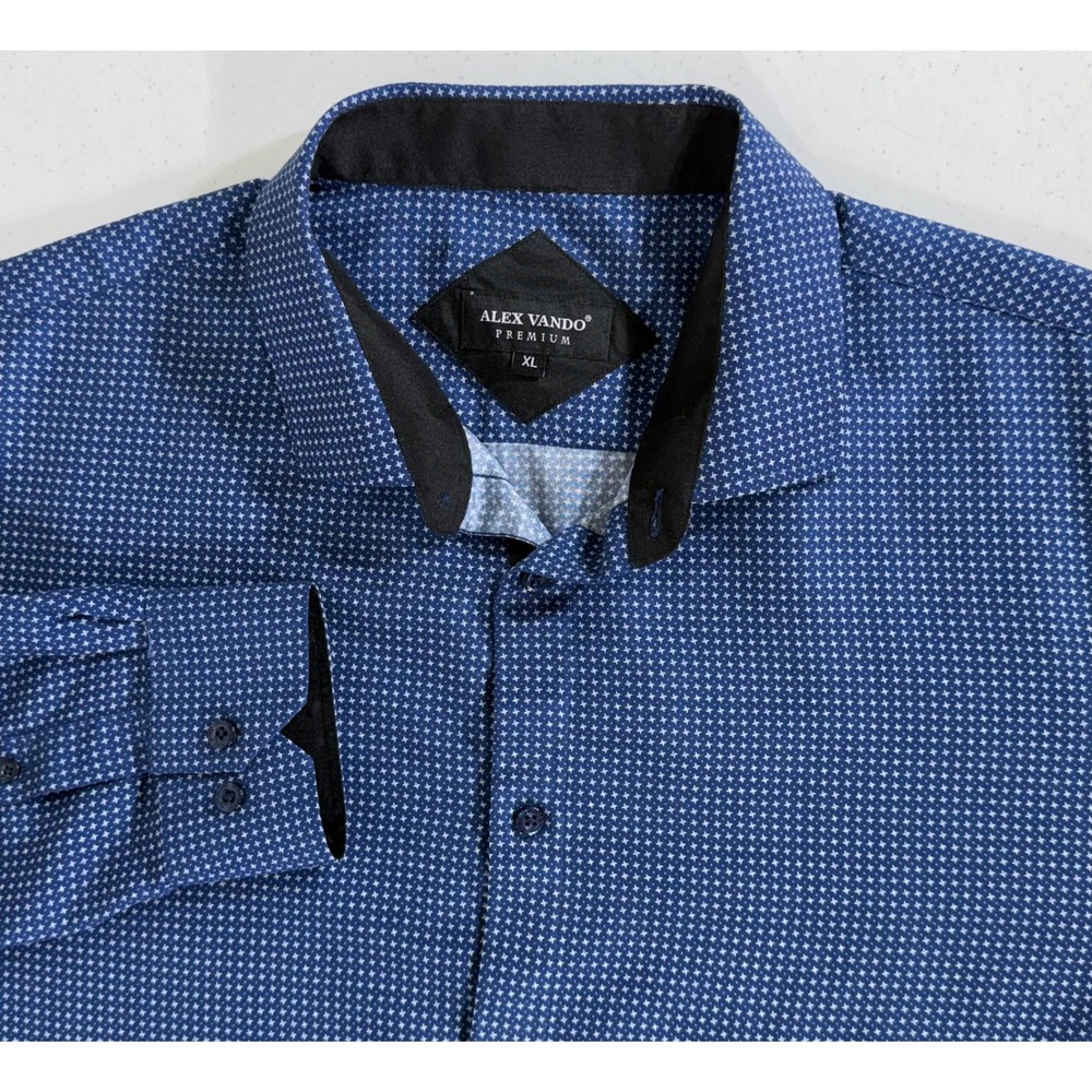Alex Vando Button Front Shirt XL Blue Geometric Print Microfiber Long Sleeve